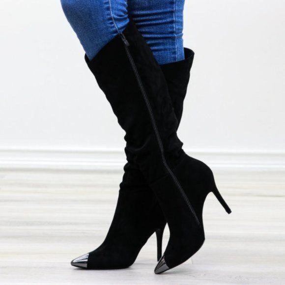 Pointy Toe Below The Knee Black Boots Faux Suede - Picture 13 of 16